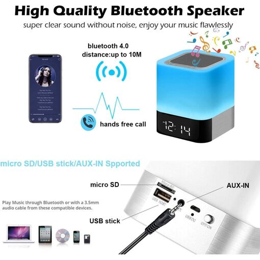 Enceinte Bluetooth Réveil Lumineux AFEXOA - Veilleuse 7 Couleurs, 30 Sons, MP3 - Cadeau Enfant