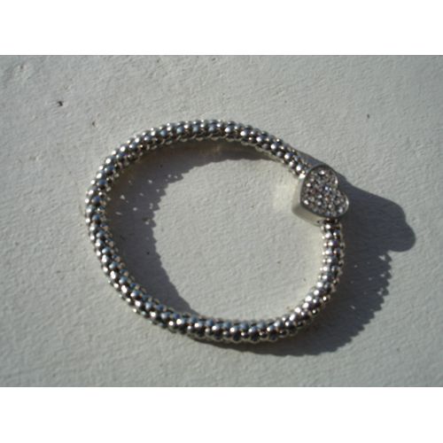 Bracelet Élastique Argenté, Motif Coeur Strass Au Recto