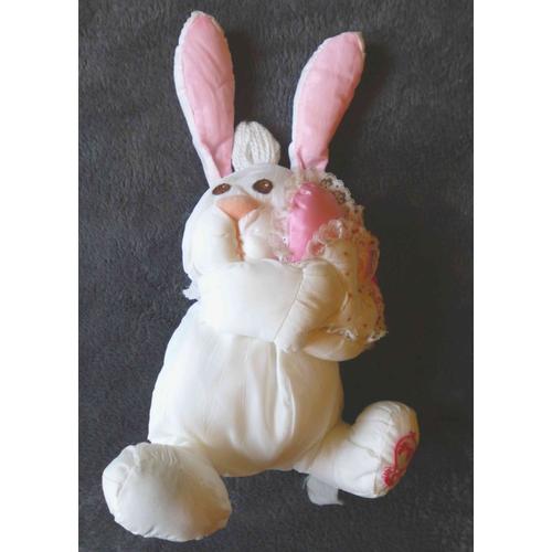 Peluche Doudou En Tissu Lapin Puffalump Fisher Price Blanc Avec Coeurs Roses Fp Dentelles H 25 Cm