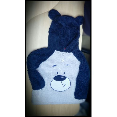 Joli Pull Doux Peluche Très Chaud Hiver - Ours Ourson À Capuche Nounours - Taille 9 / 12 Mois ( Va Jusqu&#39à Plus De 1 An ) - Gris Et Bleu Marine - Pullover Pull Over Sweat Super Beau
