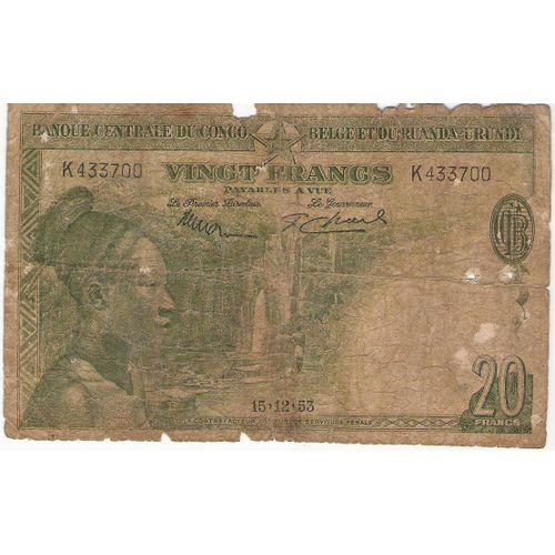 Billet Afrique 20 Fr Congo Belge 1953
