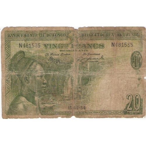 Billet Afrique 20 Fr Congo Belge 1954 Jeune Fille A La Cascade