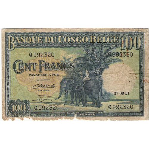 Billet Afrique 100 Fr Congo Belge 1951 Elephant