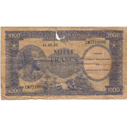 Billet Afrique 1000 Fr Congo Belge 1962 Antilope