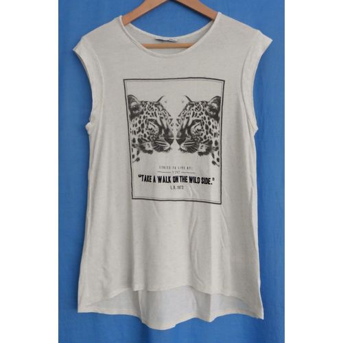 T-Shirt Beige Moucheté. Imprimé 2 Têtes De Guépard. Etam. Viscose. Lin. Taille 38