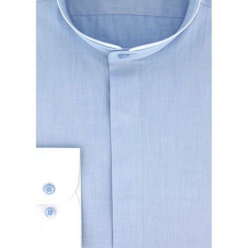 Cotton Park - Chemise Cintrée Col Mao Bleu Ciel Biais Blanc - Homme