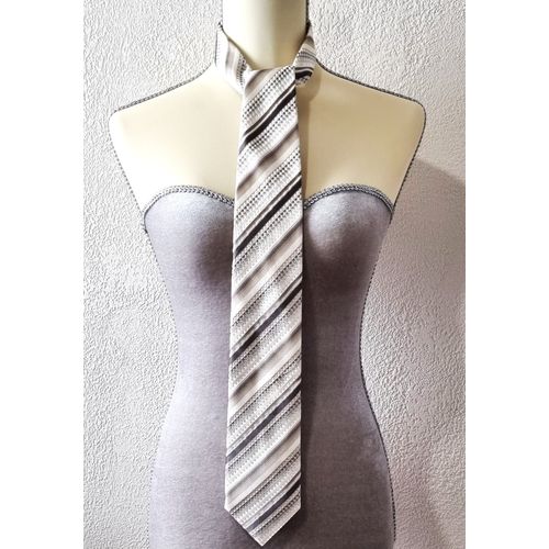 Cravate Carven Soie Tons Gris Beige Et Écru À Rayures
