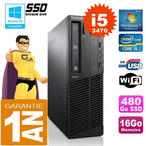 PC Lenovo M92p SFF Core I5-3470 Ram 16Go Disque 480 Go SSD Graveur DVD Wifi W7