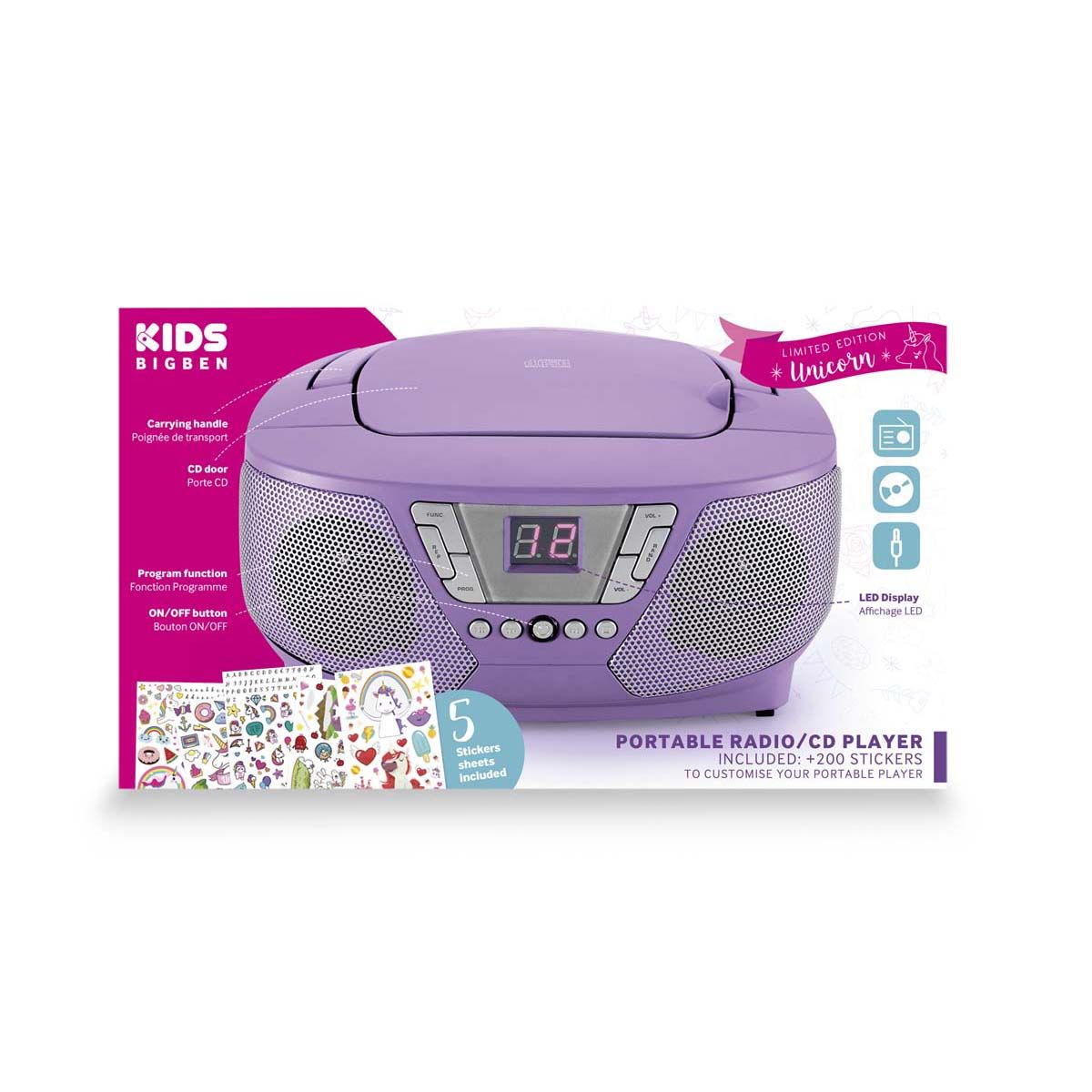 Lecteur CD portable Bigben avec microphone - Licorne Licorne