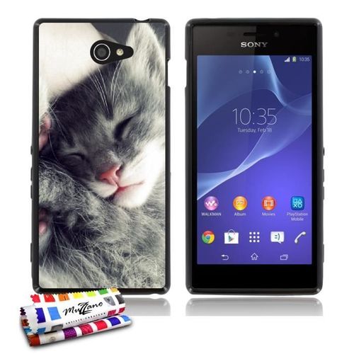 Coque Case Sony Xperia M2 " Chaton Gris " Silicone Noir Souple (Tpu)