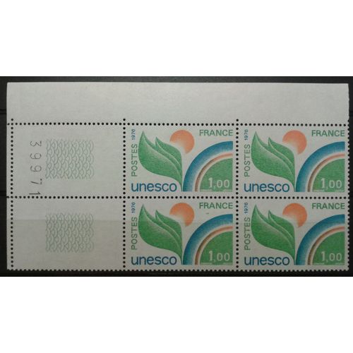 Bloc 4 Timbres De Service France 1976 Yvert Et Tellier N°S51 Unesco Coin De Feuille Numéroté 39971 Neuf**