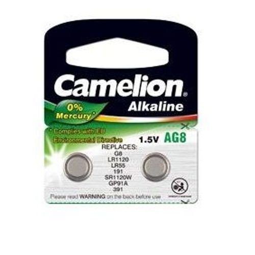 Pack de 2 piles Camelion Alcaline AG8,LR1120,LR55,191,SR1120W,GP91A,391 0% Mercury/Hg