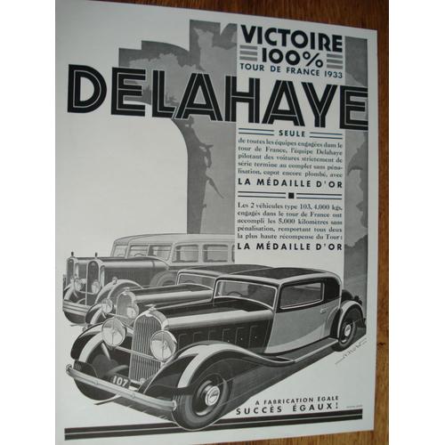 Publicité Années 1930 Automobiles Delahaye Victoire Tour De France 1933 Illustrateur A. Kow