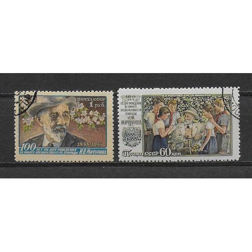 Russie 1956 : Centenaire De La Naissance Du "Transformateur De La Nature" I.V. Mitchourine : Portrait De I.V. Mitchourine / Mitchourine Parmi Les Pionniers - Série De 2 Timbres Obllitérés