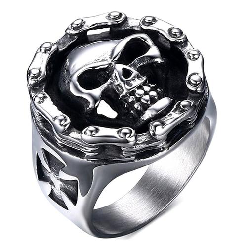 Bague Biker Chevalière Anneau 3d Tête De Mort Crane &#43 Chaine De Moto &#43 Croix De Malte / Reich / Guerre - Acier Fer - Skull Harley Sons Of Anarchy West Coast Choppers Poing Américain