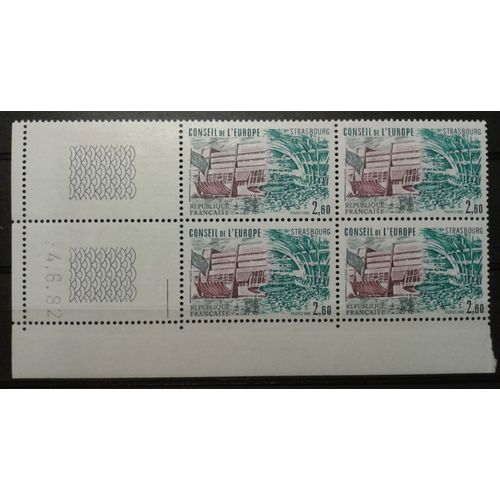 Bloc 4 Timbres De Service 1982 France Yvert Et Tellier N°S74 Conseil De L'europe Strasbourg Coin De Feuille Daté 4.6.82 Neuf**