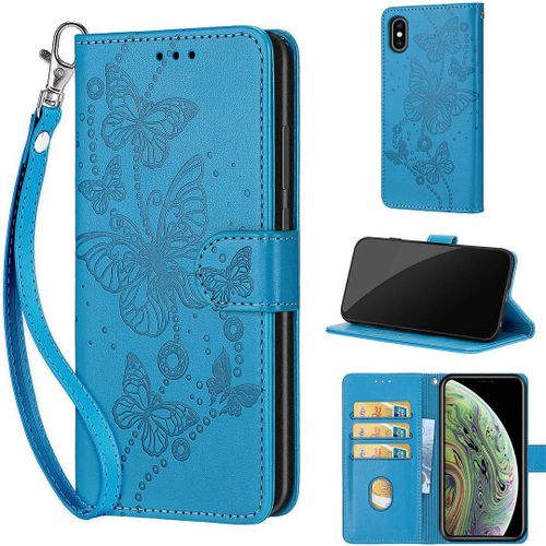 Saturcase Coque Pour Apple Iphone Xs Max, Papillons Pu Cuir Magnétique Flip Portefeuille Support Porte-Carte Dragonne Protecteur Housse Étui Pour Apple Iphone Xs Max (Lb-Bleu)
