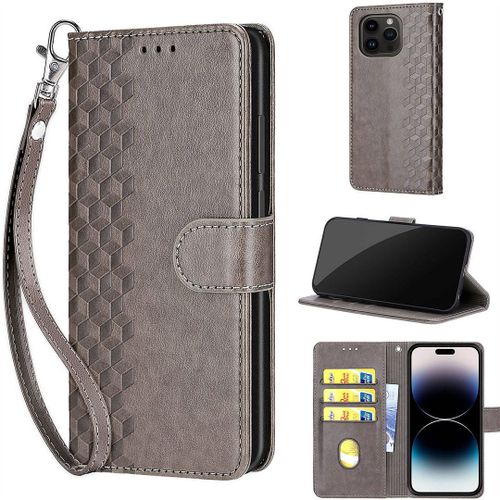 Saturcase Coque Pour Apple Iphone 15 Pro Max, Z-Cube Pu Cuir Magnétique Flip Portefeuille Support Porte-Carte Dragonne Protecteur Housse Étui Pour Apple Iphone 15 Pro Max (Zl-Gris)