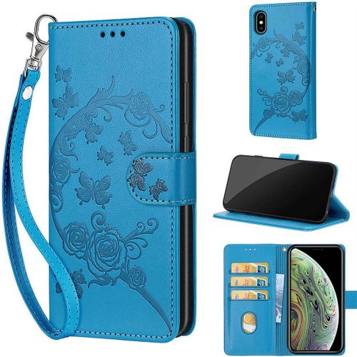 Saturcase Coque Pour Apple Iphone Xs Max, Fleurs Pu Cuir Magnétique Flip Portefeuille Support Porte-Carte Dragonne Protecteur Housse Étui Pour Apple Iphone Xs Max (Fb-Bleu)