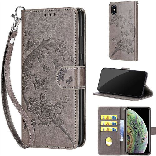 Saturcase Coque Pour Apple Iphone Xs Max, Fleurs Pu Cuir Magnétique Flip Portefeuille Support Porte-Carte Dragonne Protecteur Housse Étui Pour Apple Iphone Xs Max (Fb-Gris)