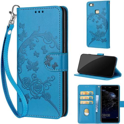 Saturcase Coque Pour Huawei P10 Lite, Fleurs Pu Cuir Magnétique Flip Portefeuille Support Porte-Carte Dragonne Protecteur Housse Étui Pour Huawei P10 Lite (Fb-Bleu)