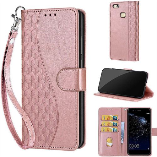 Saturcase Coque Pour Huawei P10 Lite, S-Cube Pu Cuir Magnétique Flip Portefeuille Support Porte-Carte Dragonne Protecteur Housse Étui Pour Huawei P10 Lite (Bl-Or Rose)