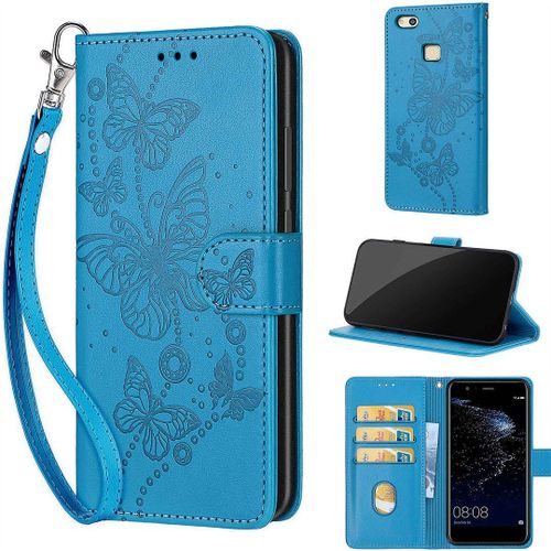 Saturcase Coque Pour Huawei P10 Lite, Papillons Pu Cuir Magnétique Flip Portefeuille Support Porte-Carte Dragonne Protecteur Housse Étui Pour Huawei P10 Lite (Lb-Bleu)