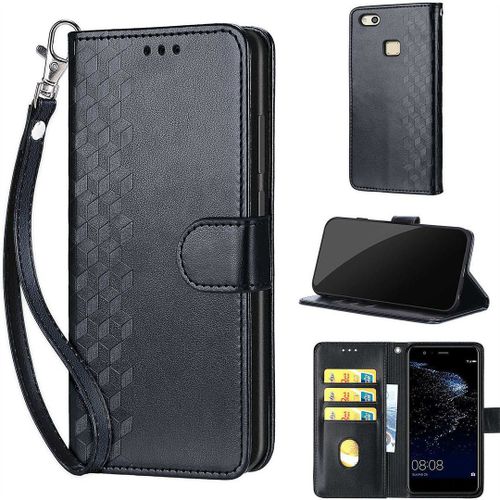 Saturcase Coque Pour Huawei P10 Lite, Z-Cube Pu Cuir Magnétique Flip Portefeuille Support Porte-Carte Dragonne Protecteur Housse Étui Pour Huawei P10 Lite (Zl-Noir)