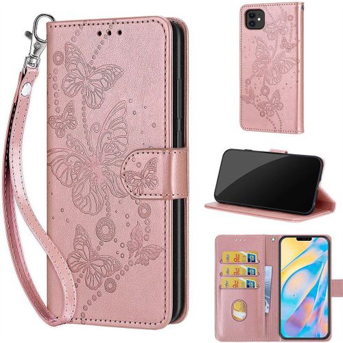 Saturcase Coque Pour Apple Iphone 12 / 12 Pro, Papillons Pu Cuir Magnétique Flip Portefeuille Support Porte-Carte Dragonne Protecteur Housse Étui Pour Apple Iphone 12 / 12 Pro (Lb-Or Rose)