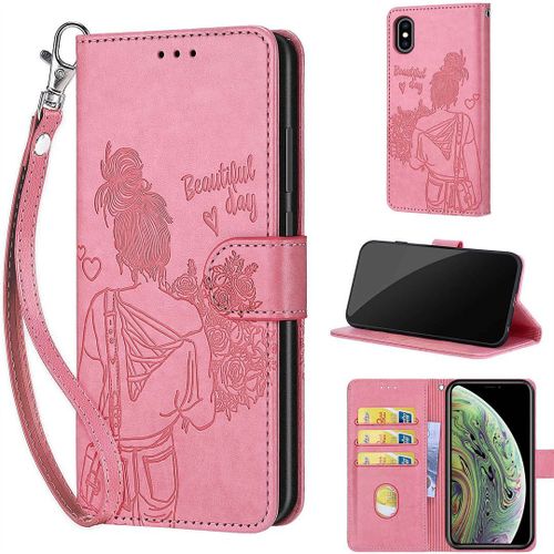 Saturcase Coque Pour Apple Iphone Xs Max, Fille Pu Cuir Magnétique Flip Portefeuille Support Porte-Carte Dragonne Protecteur Housse Étui Pour Apple Iphone Xs Max (Nh-Rose)