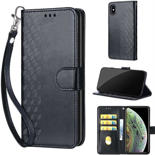 Saturcase Coque Pour Apple Iphone Xs Max, Z-Cube Pu Cuir Magnétique Flip Portefeuille Support Porte-Carte Dragonne Protecteur Housse Étui Pour Apple Iphone Xs Max (Zl-Noir)