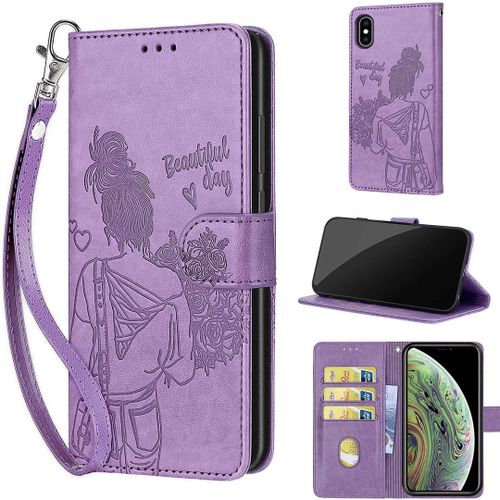 Saturcase Coque Pour Apple Iphone Xs Max, Fille Pu Cuir Magnétique Flip Portefeuille Support Porte-Carte Dragonne Protecteur Housse Étui Pour Apple Iphone Xs Max (Nh-Violet)