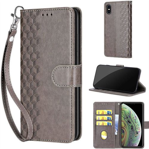 Saturcase Coque Pour Apple Iphone Xs Max, Z-Cube Pu Cuir Magnétique Flip Portefeuille Support Porte-Carte Dragonne Protecteur Housse Étui Pour Apple Iphone Xs Max (Zl-Gris)