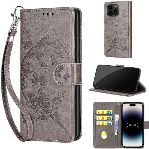 Saturcase Coque Pour Apple Iphone 15 Pro, Fleurs Pu Cuir Magnétique Flip Portefeuille Support Porte-Carte Dragonne Protecteur Housse Étui Pour Apple Iphone 15 Pro (Fb-Gris)