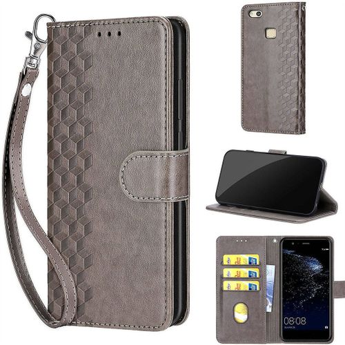 Saturcase Coque Pour Huawei P10 Lite, Z-Cube Pu Cuir Magnétique Flip Portefeuille Support Porte-Carte Dragonne Protecteur Housse Étui Pour Huawei P10 Lite (Zl-Gris)