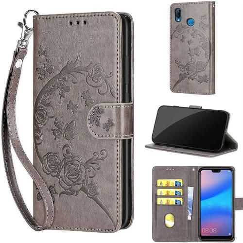 Saturcase Coque Pour Huawei P20 Lite, Fleurs Pu Cuir Magnétique Flip Portefeuille Support Porte-Carte Dragonne Protecteur Housse Étui Pour Huawei P20 Lite (Fb-Gris)