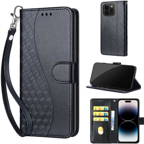Saturcase Coque Pour Apple Iphone 15 Pro, S-Cube Pu Cuir Magnétique Flip Portefeuille Support Porte-Carte Dragonne Protecteur Housse Étui Pour Apple Iphone 15 Pro (Bl-Noir)