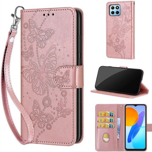 Saturcase Coque Pour Honor X8 5g / Honor X6, Papillons Pu Cuir Magnétique Flip Portefeuille Support Porte-Carte Dragonne Protecteur Housse Étui Pour Honor X8 5g / Honor X6 / Honor 70 Lite (Lb-Or Rose)
