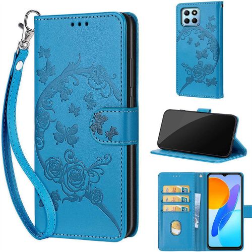 Saturcase Coque Pour Honor X8 5g / Honor X6, Fleurs Pu Cuir Magnétique Flip Portefeuille Support Porte-Carte Dragonne Protecteur Housse Étui Pour Honor X8 5g / Honor X6 / Honor 70 Lite (Fb-Bleu)