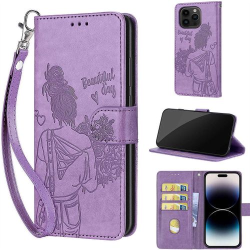 Saturcase Coque Pour Apple Iphone 15 Pro Max, Fille Pu Cuir Magnétique Flip Portefeuille Support Porte-Carte Dragonne Protecteur Housse Étui Pour Apple Iphone 15 Pro Max (Nh-Violet)