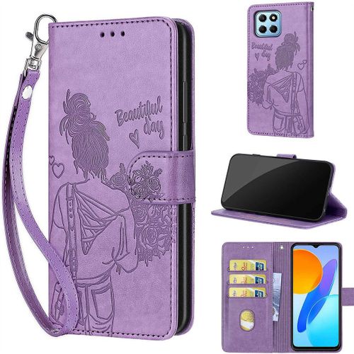 Saturcase Coque Pour Honor X8 5g / Honor X6, Fille Pu Cuir Magnétique Flip Portefeuille Support Porte-Carte Dragonne Protecteur Housse Étui Pour Honor X8 5g / Honor X6 / Honor 70 Lite (Nh-Violet)