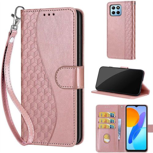 Saturcase Coque Pour Honor X8 5g / Honor X6, S-Cube Pu Cuir Magnétique Flip Portefeuille Support Porte-Carte Dragonne Protecteur Housse Étui Pour Honor X8 5g / Honor X6 / Honor 70 Lite (Bl-Or Rose)