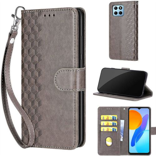 Saturcase Coque Pour Honor X8 5g / Honor X6, Z-Cube Pu Cuir Magnétique Flip Portefeuille Support Porte-Carte Dragonne Protecteur Housse Étui Pour Honor X8 5g / Honor X6 / Honor 70 Lite (Zl-Gris)