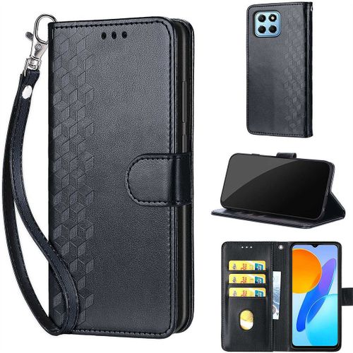 Saturcase Coque Pour Honor X8 5g / Honor X6, Z-Cube Pu Cuir Magnétique Flip Portefeuille Support Porte-Carte Dragonne Protecteur Housse Étui Pour Honor X8 5g / Honor X6 / Honor 70 Lite (Zl-Noir)