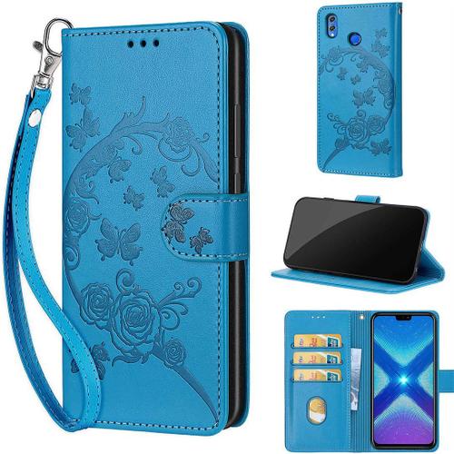 Saturcase Coque Pour Huawei Honor 8x, Fleurs Pu Cuir Magnétique Flip Portefeuille Support Porte-Carte Dragonne Protecteur Housse Étui Pour Huawei Honor 8x (Fb-Bleu)