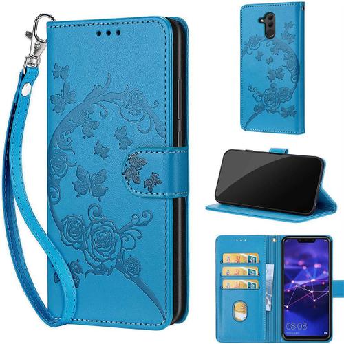 Saturcase Coque Pour Huawei Mate 20 Lite, Fleurs Pu Cuir Magnétique Flip Portefeuille Support Porte-Carte Dragonne Protecteur Housse Étui Pour Huawei Mate 20 Lite (Fb-Bleu)