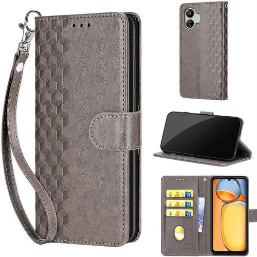 Saturcase Coque Pour Xiaomi Poco C65, Z-Cube Pu Cuir Magnétique Flip Portefeuille Support Porte-Carte Dragonne Protecteur Housse Étui Pour Xiaomi Poco C65 (Zl-Gris)