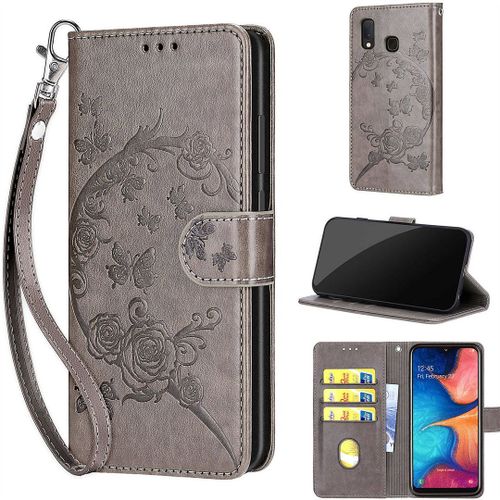 Saturcase Coque Pour Samsung Galaxy A20e / A10e, Fleurs Pu Cuir Magnétique Flip Portefeuille Support Porte-Carte Dragonne Protecteur Housse Étui Pour Samsung Galaxy A20e / A10e (Fb-Gris)
