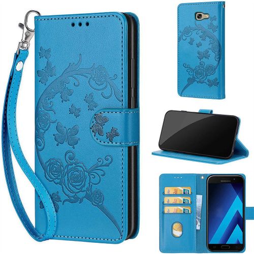 Saturcase Coque Pour Samsung Galaxy A5 2017, Fleurs Pu Cuir Magnétique Flip Portefeuille Support Porte-Carte Dragonne Protecteur Housse Étui Pour Samsung Galaxy A5 2017 (Fb-Bleu)