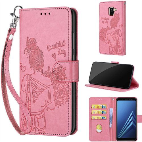 Saturcase Coque Pour Samsung Galaxy A8 2018, Fille Pu Cuir Magnétique Flip Portefeuille Support Porte-Carte Dragonne Protecteur Housse Étui Pour Samsung Galaxy A8 2018 (Nh-Rose)